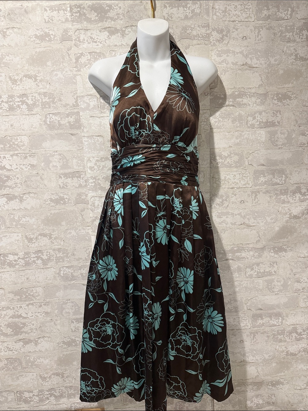 Brown Halter Floral Dress with Aqua Print